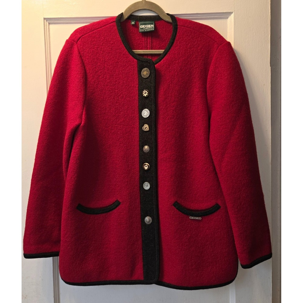 Geiger Women's Red/Black New Wool Jacket. Button Closure, Pockets. EU 38 US8